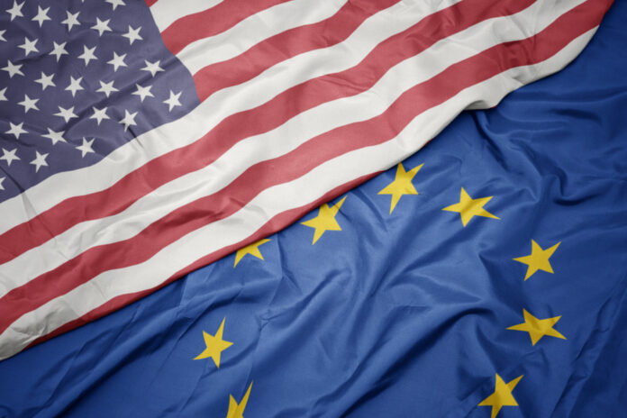 Waving,Colorful,Flag,Of,European,Union,And,Flag,Of,United
